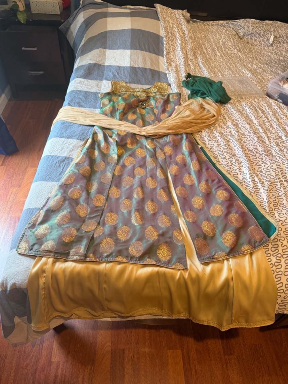 Gold & green Party Long kurta lacha Dress with Sheer Dupatta